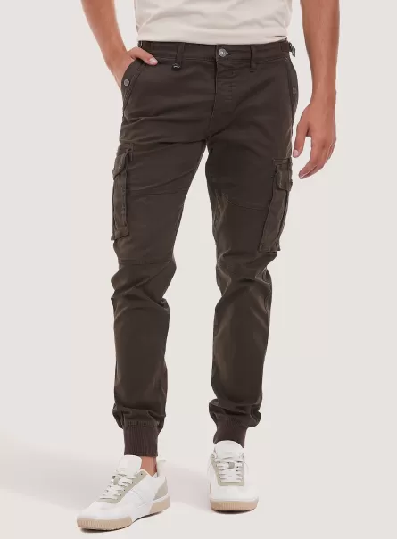 Men Trousers Br1 Brown Dark Cotton Cargo Trousers With Elastic Band