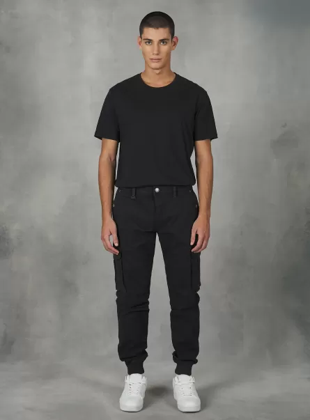 Cotton Cargo Trousers With Elastic Band Bk1 Black Men Trousers