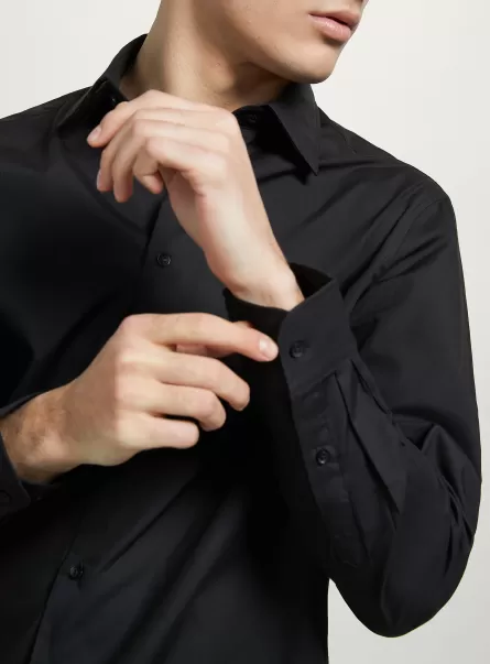 Men Shirts Plain-Coloured Long-Sleeved Shirt Bk1 Black