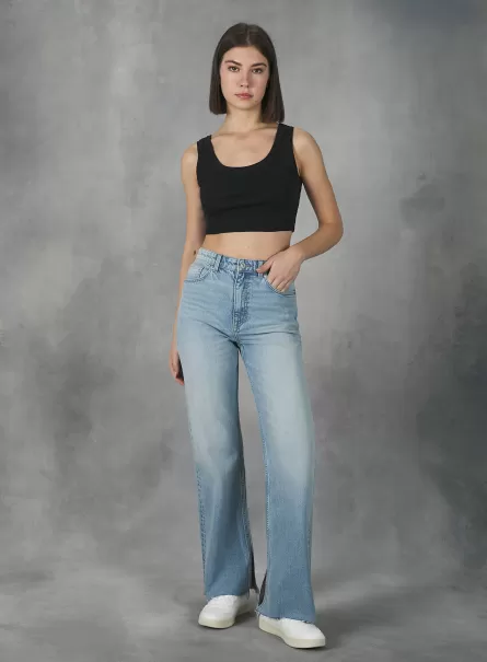 Denim Days Women Straight Fit Jeans With Split In Stretch Denim D006 Azure