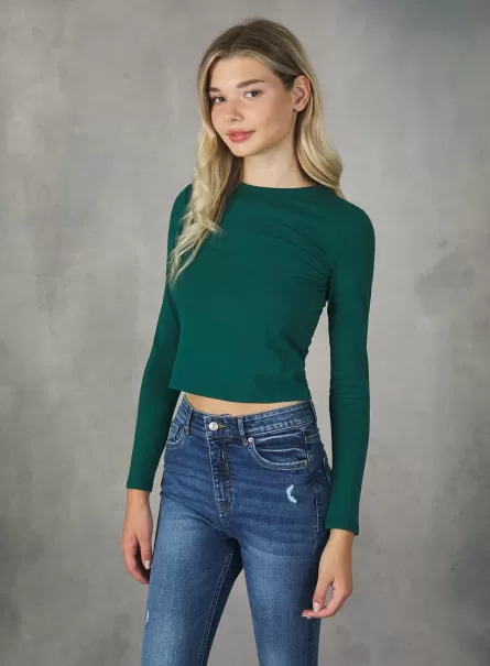 Cropped Long-Sleeved T-Shirt T-Shirt Women Gn1 Green Dark