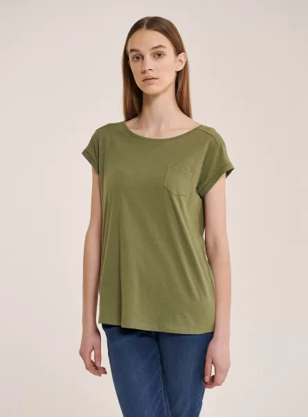 Basic Cotton T-Shirt With Breast Pocket C0606 Kaky Women T-Shirt