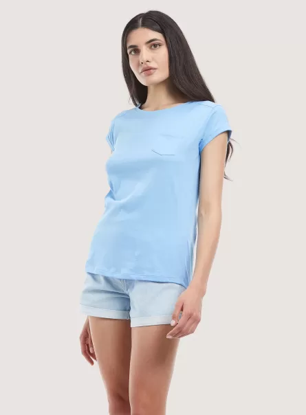 Azure Women T-Shirt Basic Cotton T-Shirt With Breast Pocket