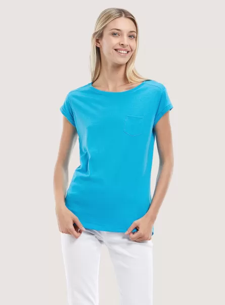 Women T-Shirt C2311 Azzurre Basic Cotton T-Shirt With Breast Pocket
