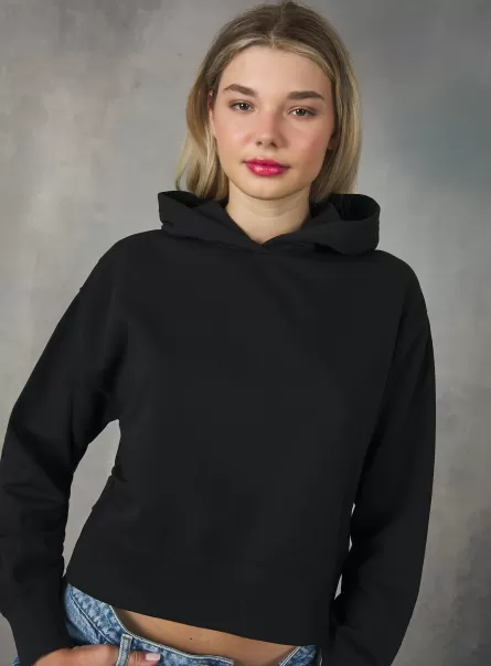 Cropped Sweatshirt With Comfort Fit Hood Bk1 Black Sweatshirts Women