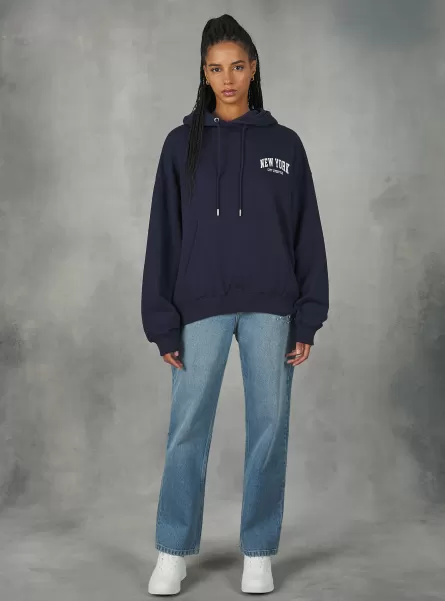 Sweatshirt With College Print And Hood Na2 Navy Medium Sweatshirts Women