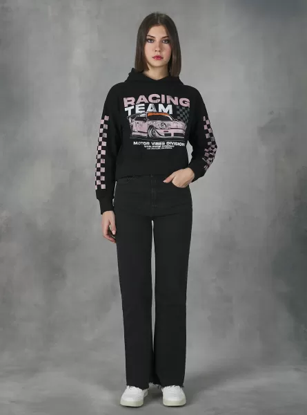 Hoodie With Racing Print Women Bk1 Black Sweatshirts