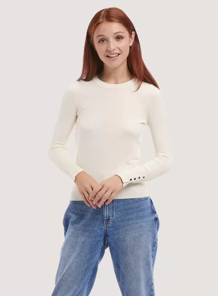 Sweaters Wh1 Off White Women Round-Neck Pullover With Buttons On Sleeve