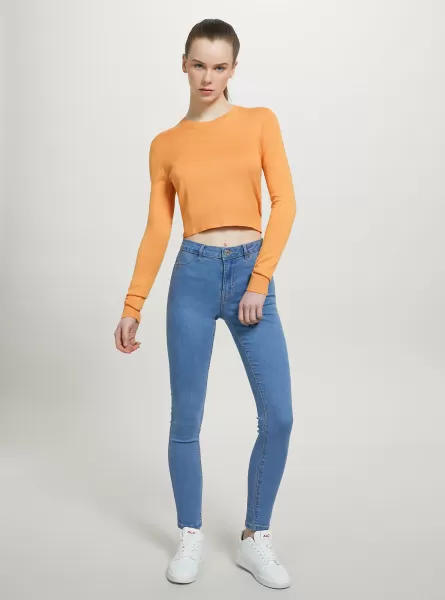 Women Cropped Crew-Neck Pullover Sweaters Or3 Orange Light