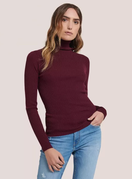 Ribbed Turtleneck Pullover Women Sweaters Bordeaux