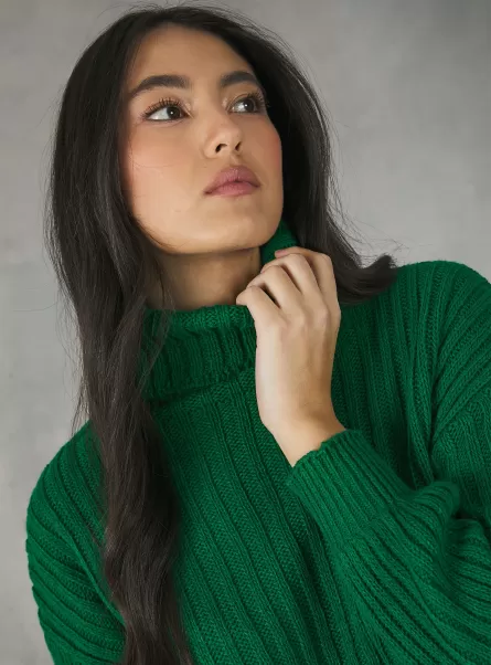 Gn1 Green Dark Pullover Collo Alto A Coste Women Sweaters