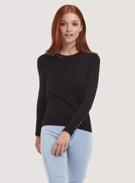 Round-Neck Pullover With Buttons On Sleeve Sweaters Women Bk1 Black