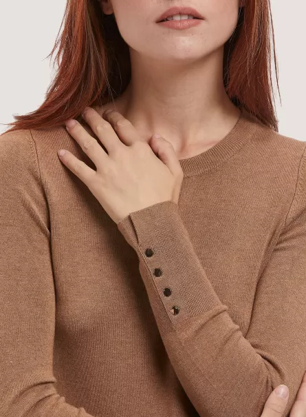 Round-Neck Pullover With Buttons On Sleeve Mbg3 Beige Mel Light Women Sweaters