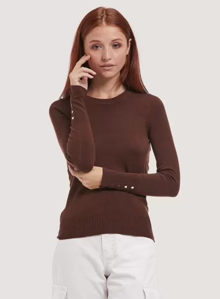 Br2 Brown Medium Women Sweaters Round-Neck Pullover With Buttons On Sleeve