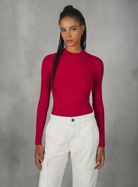 Rd1 Red Dark Sweaters Women Cropped Ribbed Half-Neck Pullover