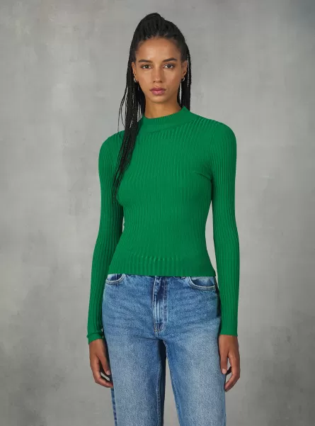 Sweaters Gn2 Green Medium Cropped Ribbed Half-Neck Pullover Women