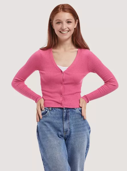 Ribbed Cropped Cardigan Pullover Mpk1 Pink Mel Dark Sweaters Women