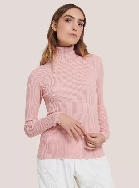 Ribbed Turtleneck Pullover Women Sweaters Mpk1 Pink Mel Dark
