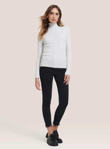 Sweaters White Melange Ribbed Turtleneck Pullover Women