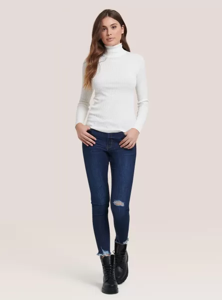 Women White Sweaters Ribbed Turtleneck Pullover