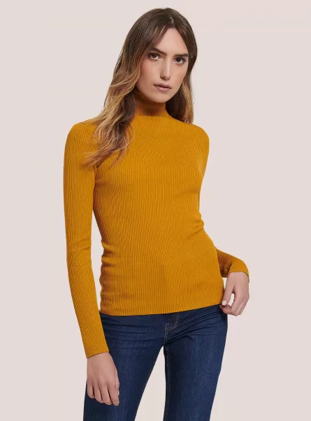 Sweaters Mustard Women Ribbed Turtleneck Pullover