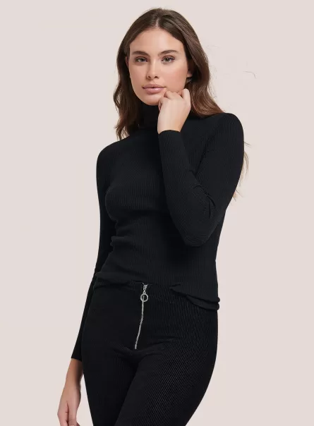 Black Women Sweaters Ribbed Turtleneck Pullover