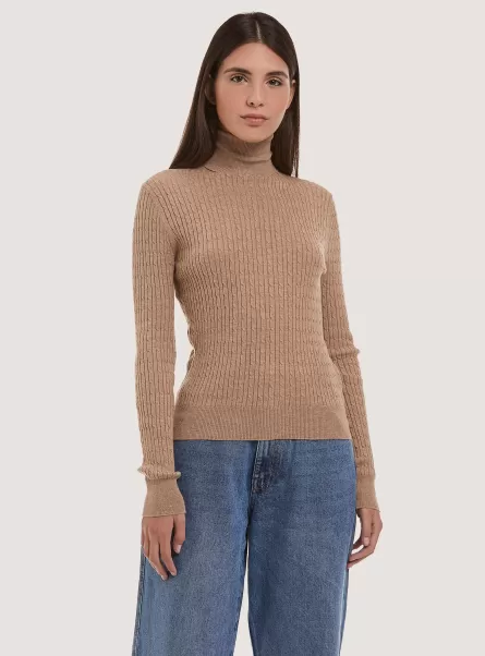 Sweaters Turtleneck Pullover With Fine Braids Women C0511 Tobacco
