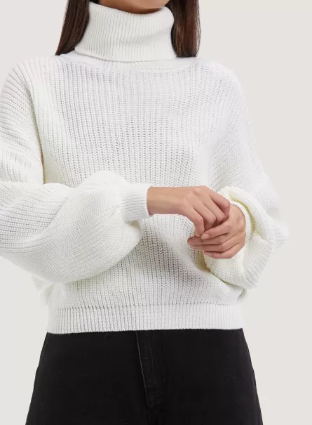 High-Necked Comfort Fit English Rib Pullover White Sweaters Women