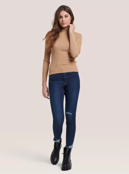 Beige Sweaters Women Ribbed Turtleneck Pullover