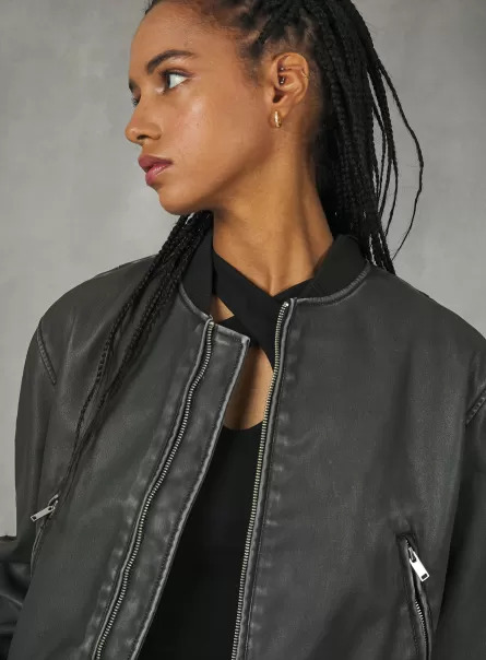 Jackets Women Distressed Leather Effect Bomber Jacket Bk1 Black