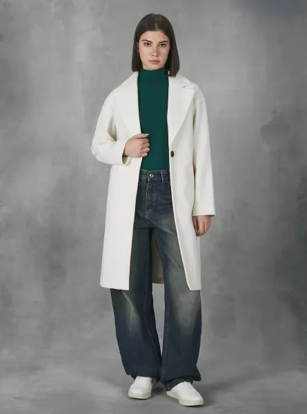 Wh3 White Jackets Plain-Coloured Gauze Knit Coat Women
