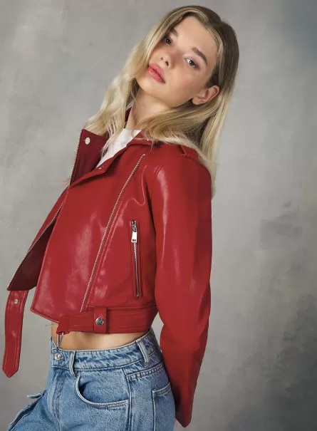 Women Rd2 Red Medium Leather-Effect Biker Jacket Jackets