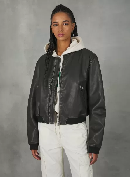Jackets Distressed Leather Effect Bomber Jacket Women Br1 Brown Dark