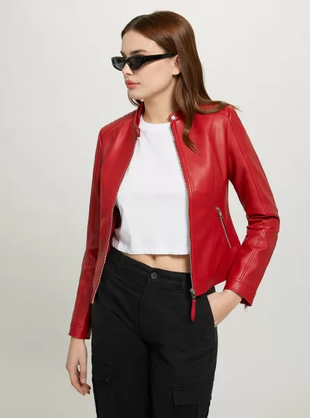 Leather-Effect Biker Jacket Rd1 Red Dark Women Jackets