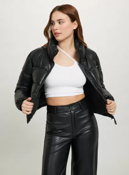 Women Bk1 Black Jackets Cropped Leather-Effect Jacket