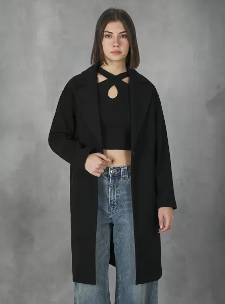 Women Bk1 Black Plain-Coloured Gauze Knit Coat Jackets