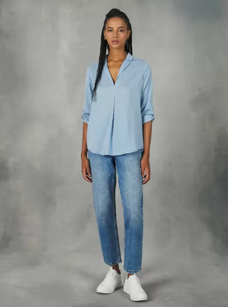 Women Shirts And Blouse Az3 Azurre Light Plain-Coloured Blouse With Lapel Neckline