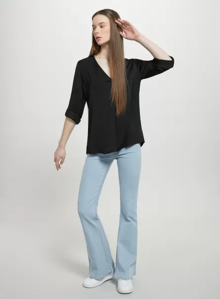 Women Black Plain-Coloured Blouse With Neckline Shirts And Blouse