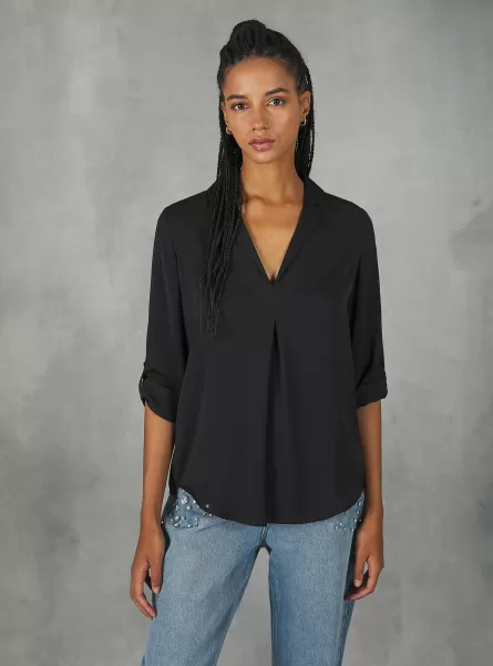Plain-Coloured Blouse With Lapel Neckline Bk1 Black Shirts And Blouse Women
