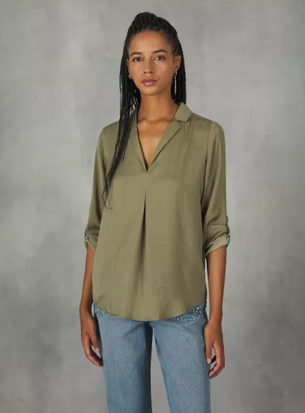 Shirts And Blouse Women Ky2 Kaky Medium Plain-Coloured Blouse With Lapel Neckline