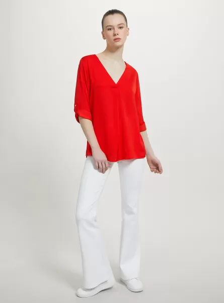 Shirts And Blouse Rd2 Red Medium Women Plain-Coloured Blouse With Neckline