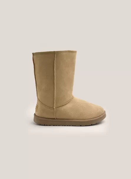 Beige Suede Ankle Boots With Faux Fur Inside Women Shoes