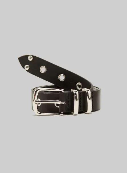 Leather Effect Belt With Metal Eyelets Belts Women Bk1 Black